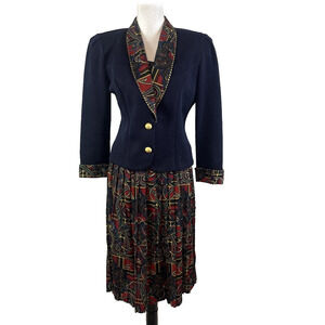 Vintage Jeffrey & Dara 2pc Skirt & Jacket Suit Set sz 9/10 Pet Navy Red Paisley